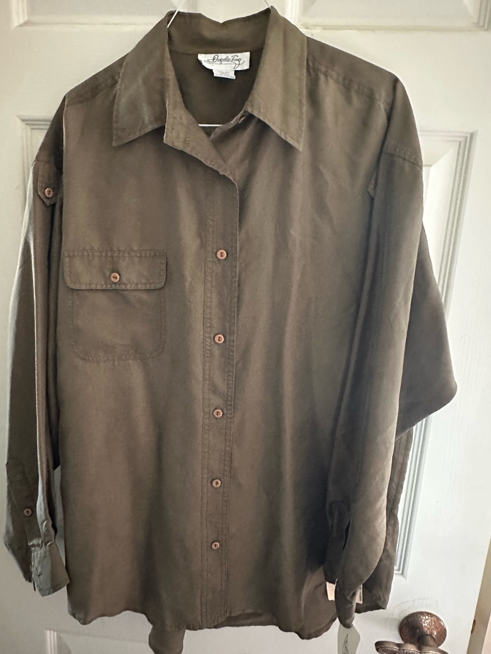 VIntage Angela Tong silk  Olive Green Long-Sleve shirt